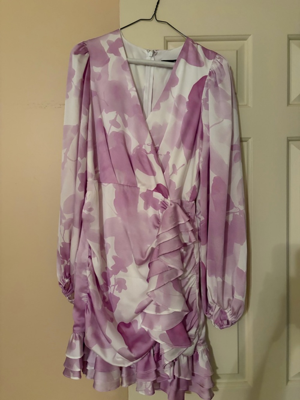 Express Lilac and White Floral Ruffle Wrap Mini Dress